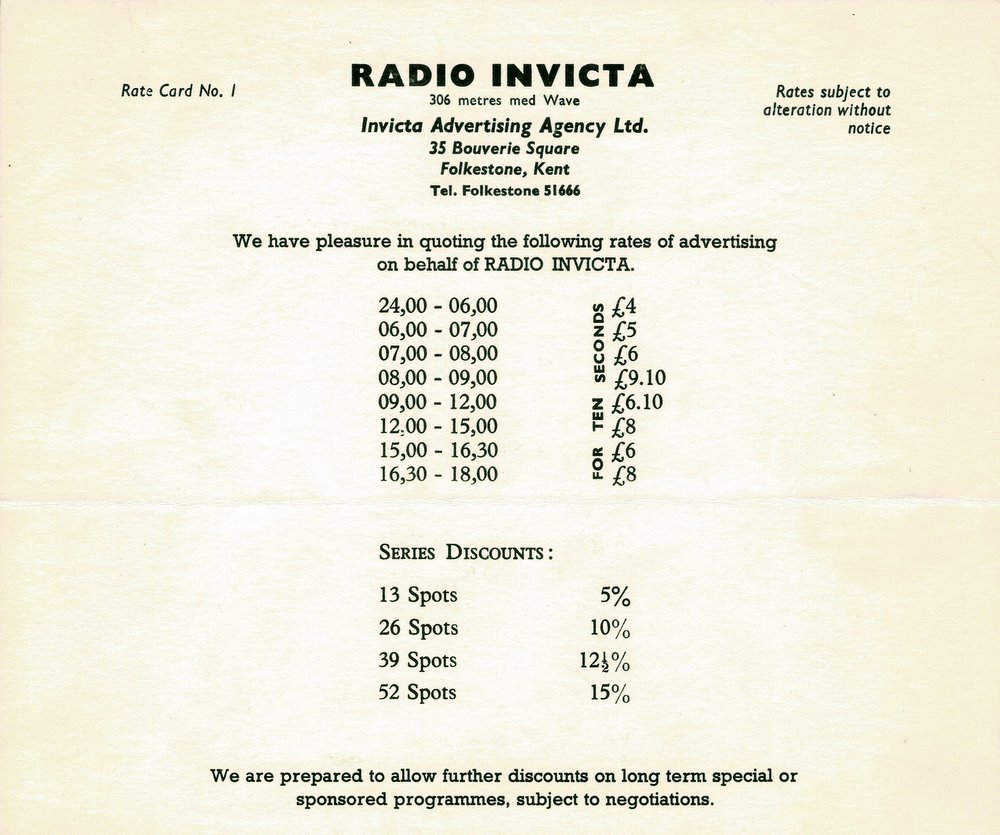 Radio Invicta's rate card no.1