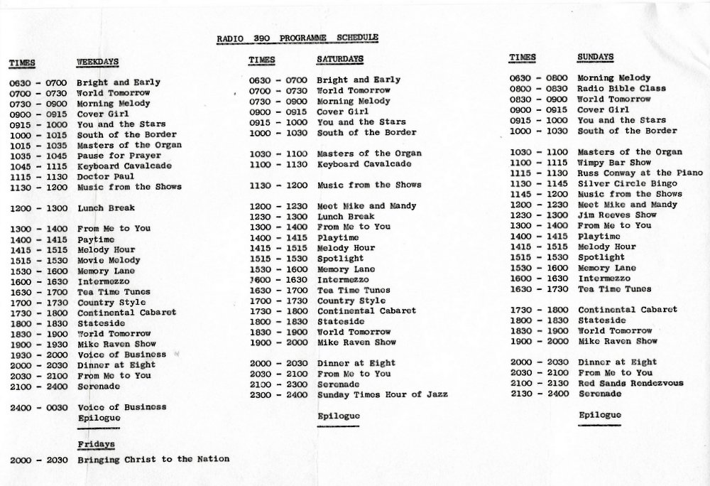 Radio 390 programme schedule