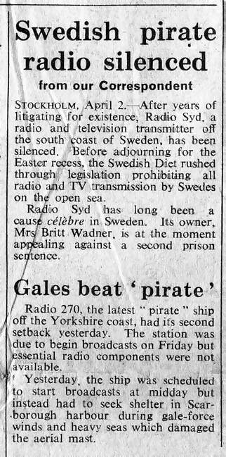 Swedish pirate radio silenced/Gales beat pirate
