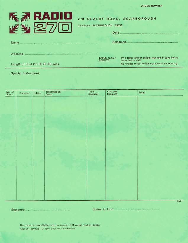 Radio 270 airtime booking sheet