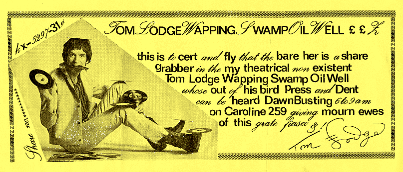 share certificate for Tom Lodge's Wapping Swamp oil well